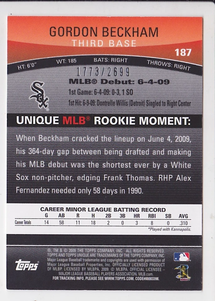 2009 Topps Unique #187 Gordon beckham White Sox Rookie RC /2699 - Image 2 of 2