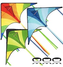 3 Packs Large Delta Kite Green, Blue and Rainbow,Easy to Fly for Kids