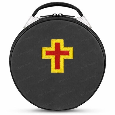 Knight Templar Masonic Crown Cap Case Round Faux Leather Regalia Bag Embroidered