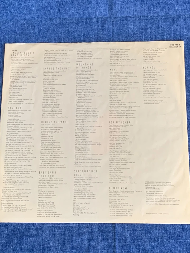 TRACY CHAPMAN S/T DEBUT ELEKTRA ORIGINAL 1988 EU / 1A/1B VINYL LP EKT44 - Image 3 of 4