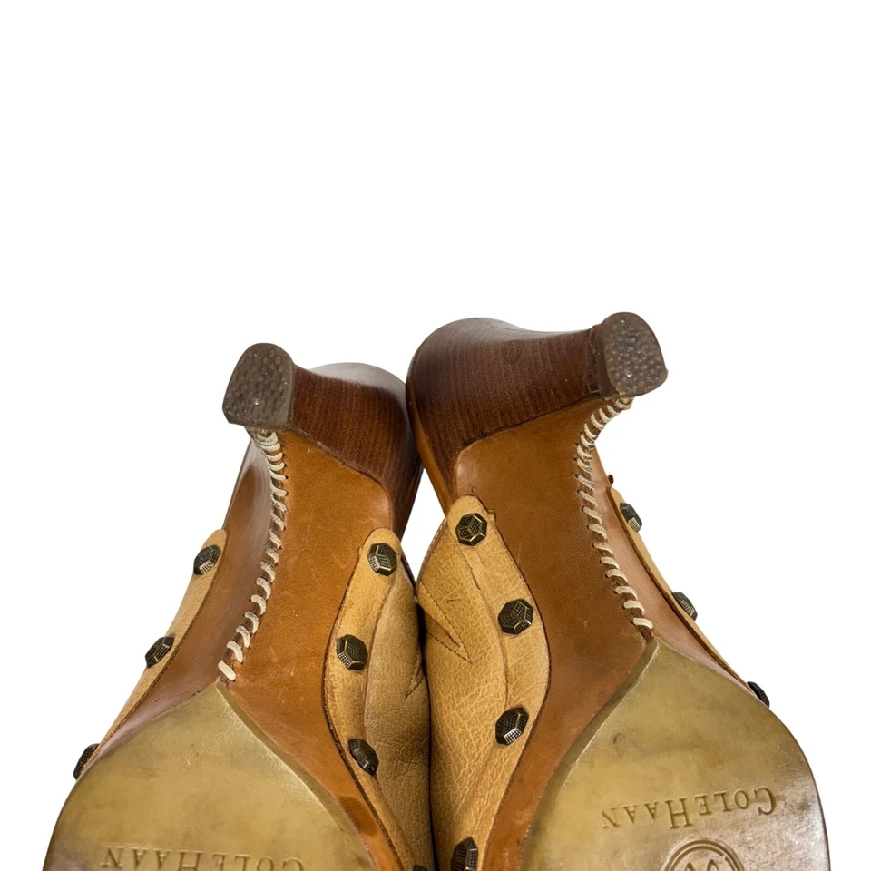 Cole Haan Vintage Y2K Retro Tan Leather High Heel Wood Clogs Mules Studded 8B - Image 4 of 4