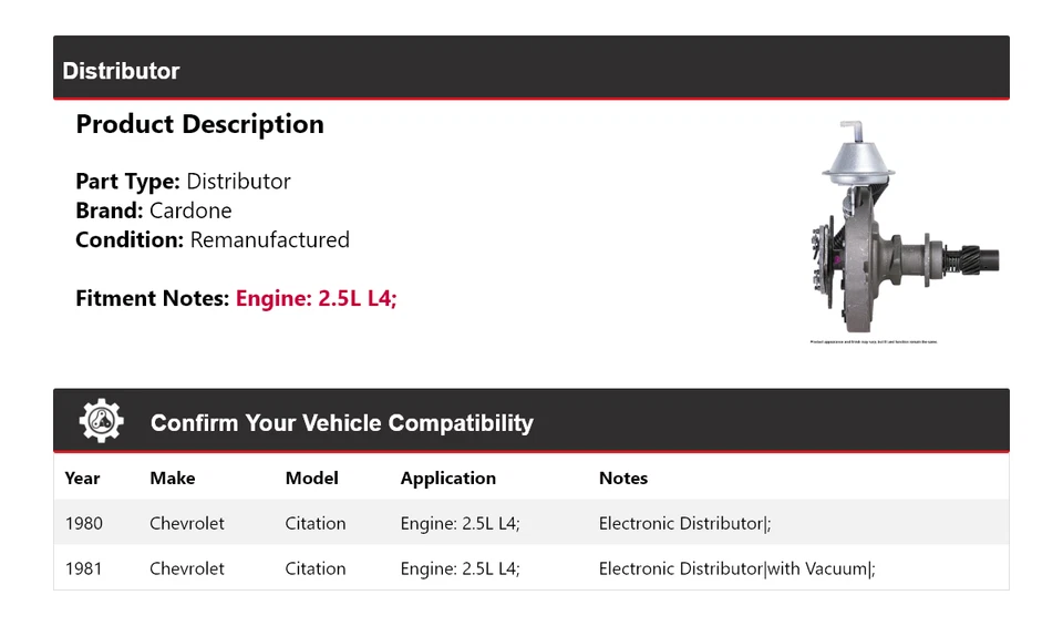 For 1980-1981 Chevrolet Citation 2.5L L4 Distributor Cardone - Image 2 of 4