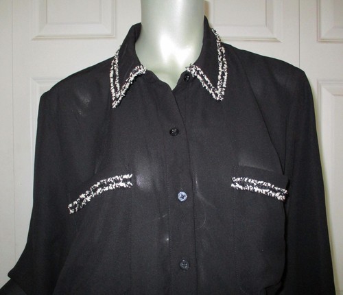 LAUNDRY/SHELLY SEGAL Black Long Sleeve Blouse Pockets Fringe Details XL NWT - Picture 2 of 6