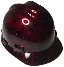 Hydro Dipped Hard Hat MSA V-Gard Cap Style Brandywine Red Filigree SKulls Gloss