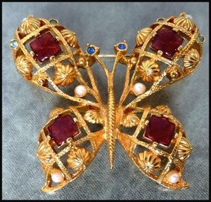 Authentic Large Vintage Gold Plated Rhinestone & Enamel Butterfly / Moth Pin Signed Avon