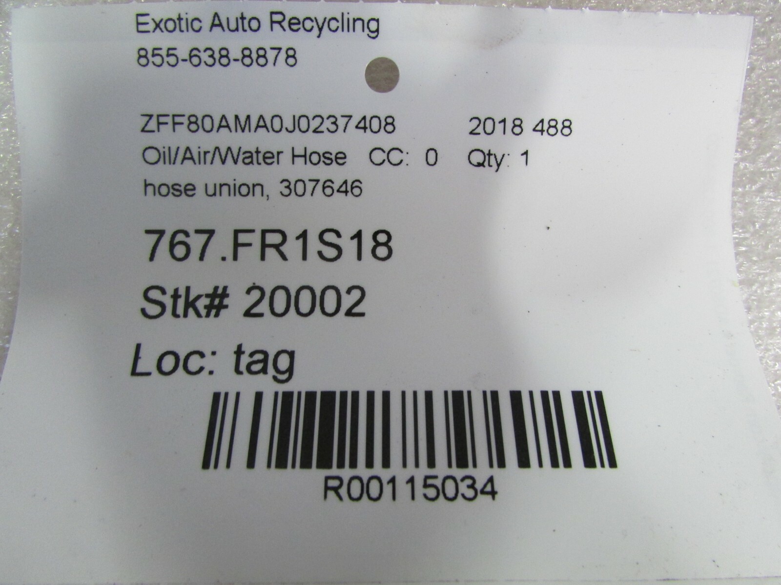 Ferrari 488, Upper Intercooler Hose, Used, P/N 307646