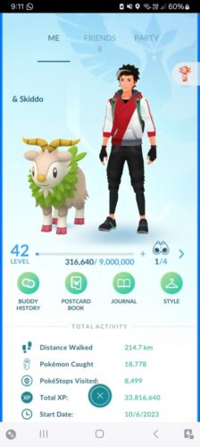 Pokémon Go Level 42 / Safari Barcelona / 209 Shiny / Shiny Skiddo / 4M Stardust - Afbeelding 1 van 11