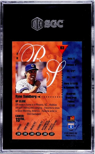 1994 Studio #63 Ryne Sandberg SGC 10 GEM MINT - Picture 2 of 2