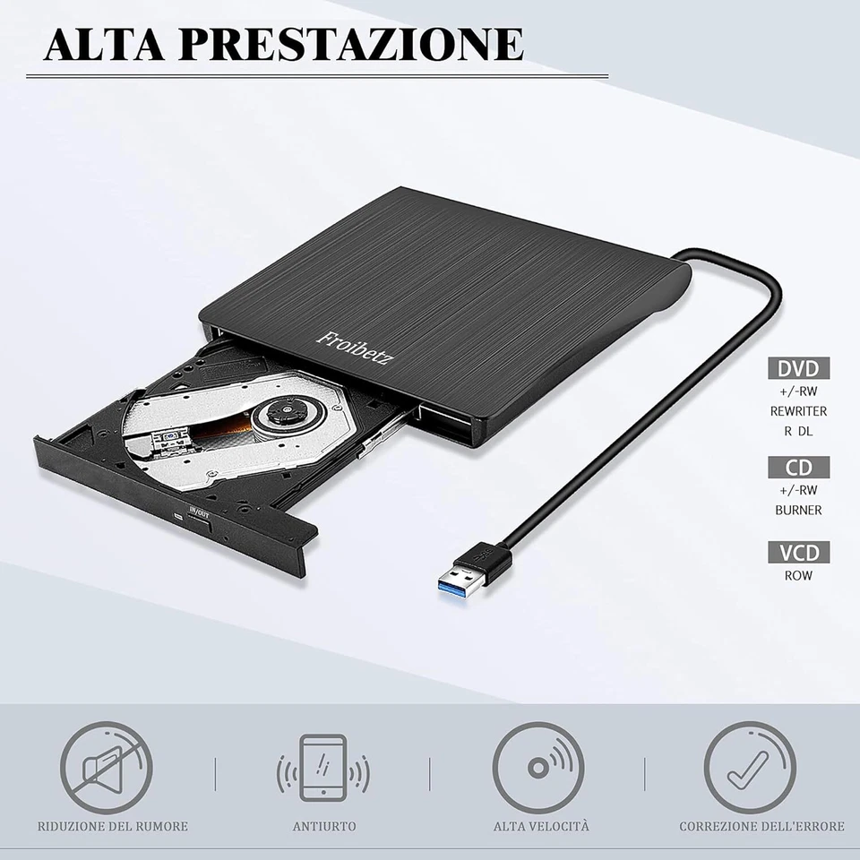 Froibetz Masterizzatore DVD CD Externo Unità USB 3.0 DVD-R CD-RW Dispositivo Let - Immagine 3 di 4