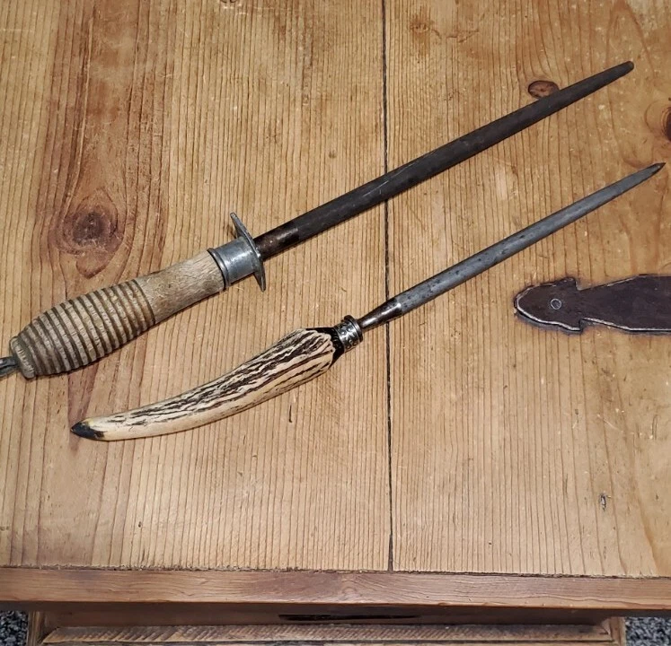 2 Total Vintage Handheld Knife Sharpening Tools Wood and Antler Handles .