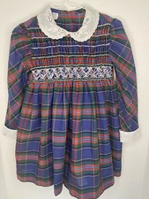 Vtg Polly Flinders Size 5 Hand Smocked Dress Plaid Blue Red Green Long Sleeve