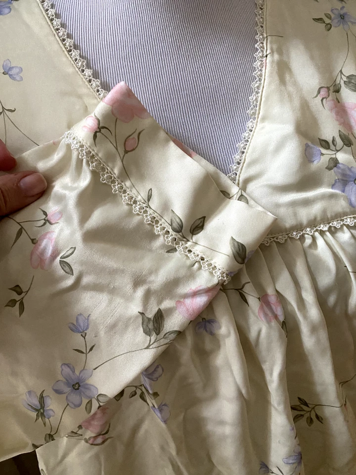 Charter Club Camisón Mediano M Vestido Algodón Espalda Satén Manga Larga Amarillo Floral Foto 4 de 4