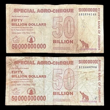 2x Zimbabwe $50 Billion Agro Cheque Check Banknote Bond *Heavily Circulated