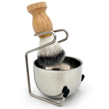 Mens Wet Shave Set Wooden Shaving Brush Stainless Steel Bowl Stand Space Saver