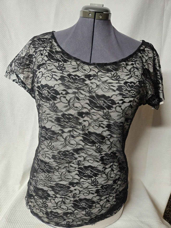 Top de manga corta de encaje floral negro vintage THE LIMITED talla L forrado transparente Foto 2 de 4
