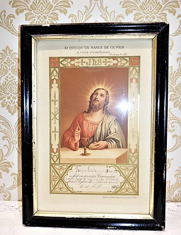 RARE 1907 France - Ancien Certificat de Communion encadré - Article religieux - Photo 2/4