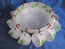 Vintage Frosted Glass Ivy Pattern Punch Bowl with 12 Cups & Hooks, Federal Glass