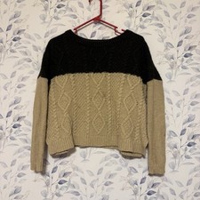 Vince Round Neck Sweater Women S Yak Wool Blend Tan Black Cable Pullover Medium