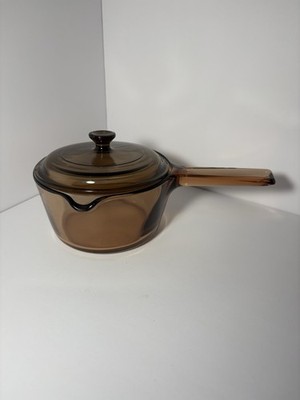 Corning Vision Ware 1L Amber Glass Sauce Pan W/Pyrex Lid W/Pour Spout