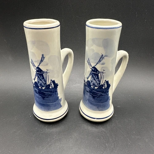 (2) 4.5” Delft Hand Painted Cup Bud Vase Mug Blue Floral Windmill Scene Holland