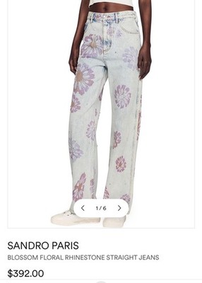 SANDRO PARIS Blossom Floral Rhinestone Straight Denim Jeans Light Blue Women