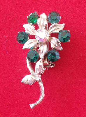 VINTAGE BROSCHE - BLUME SILBER STRASS GRÜN