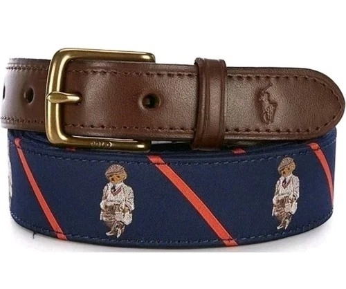 Polo Ralph Lauren Men's Leather-Trim Navy Bear Logo Belt Size 40 Brand New