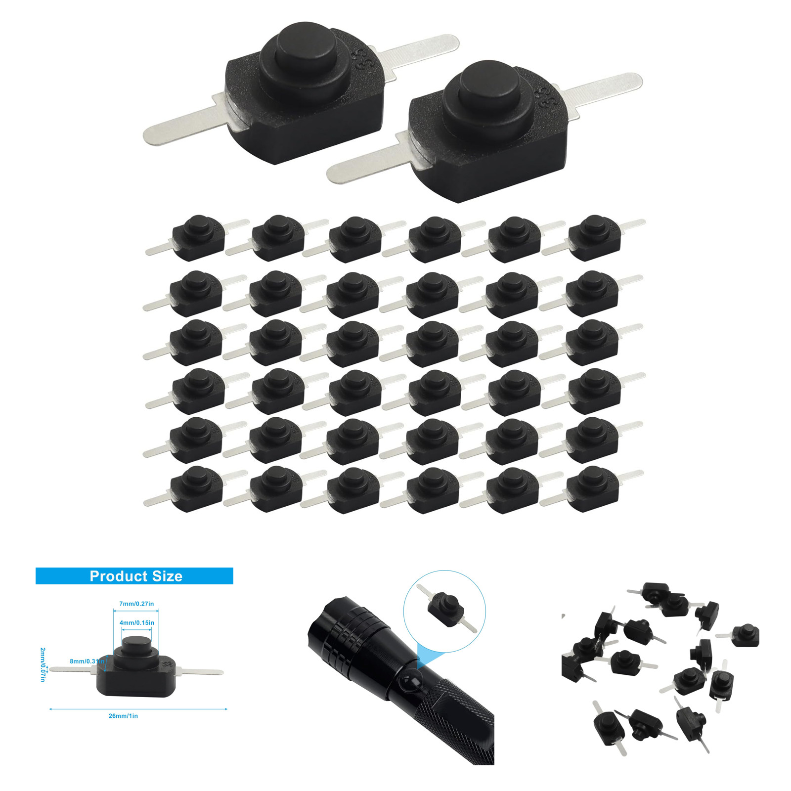 50Pcs Micro Push Button Switch On Off Black Latching Mini Light DC 30V 1A for