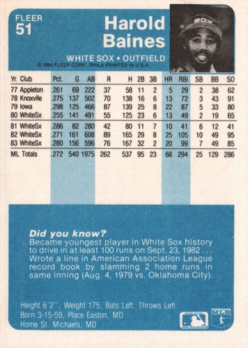 1984 Fleer Baseball #51 - Harold Baines - Chicago White Sox 84-594 - Picture 2 of 2