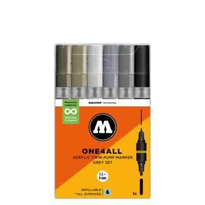 Molotow Acrylic Twin Grey Set - 6 x Acrylic Paint Marker Pump Pens - Dual Tip