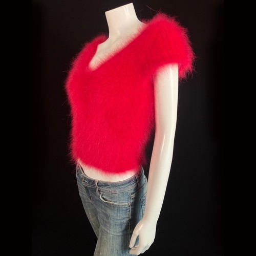 100% Angora Fuzzy Red Hand-knit NWT OOAK V-Neck Pullover Sweater 34" Bust - 第 4/10 張圖片