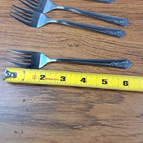 8 NOS Interpur INR21 Stainless Steel Salad or Dessert Forks NEW Floral Rose - 第 8/8 張圖片