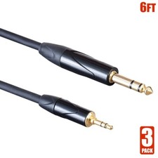 3x 6FT 3.5mm 1/8" Male to 6.35mm 1/4" Male TRS Stereo Professional Audio Cable