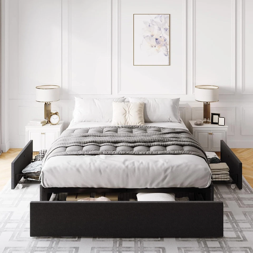Full Queen Bed Frame with Storage, 3 Drawers, Fabric Upholstered Platform Bed - Image 2 of 4