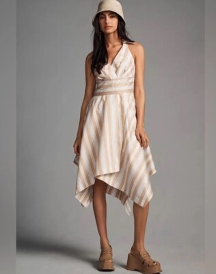 Anthropologie Maeve Tan White Striped Asymmetrical Collared Dress Size 6P NWT
