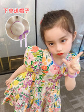 Dress Send Hat Girl Dress Little Girl Floral Short Sleeve Princess Skirt