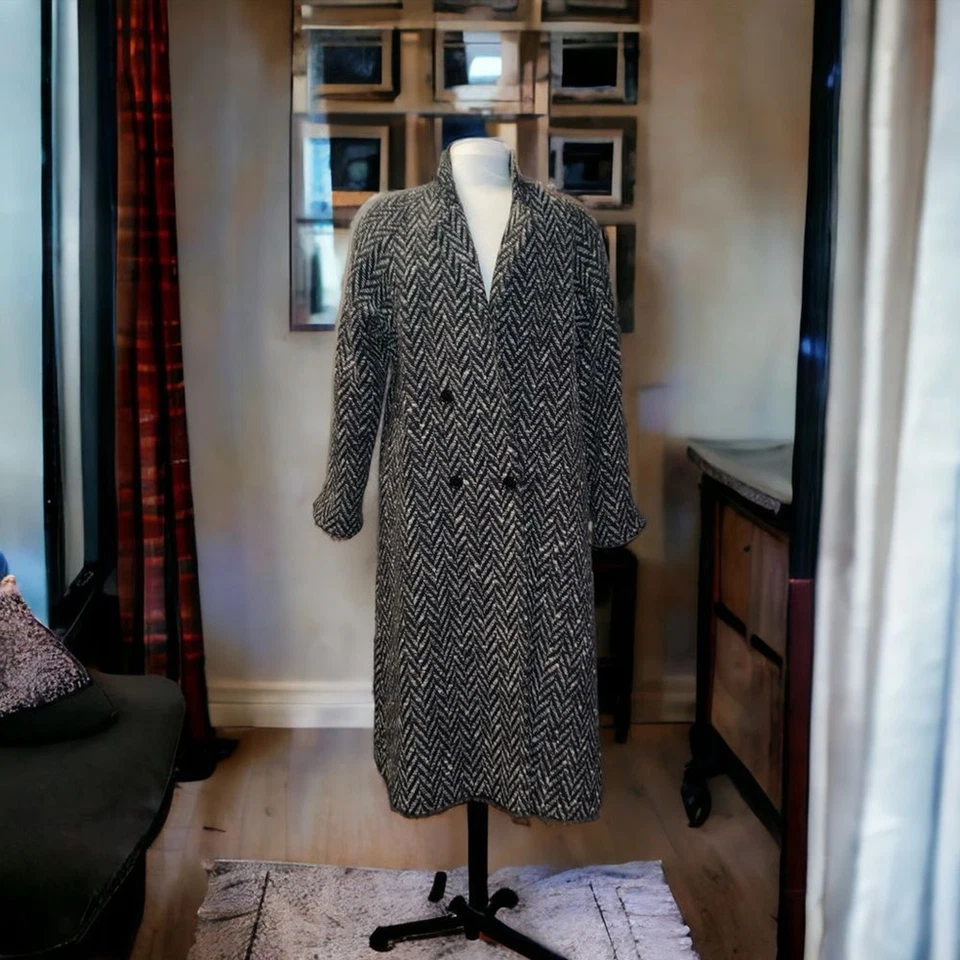 Abrigo Maxi Columpio Fleurette Loro Piana Años 70 De Colección Espiga Negro Gris Blanco Talla 8