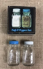 Vintage Ball Mason Jar Glass Salt and Pepper Shaker Set in Box, Blue White 2.75"