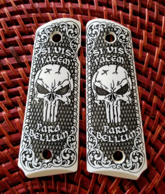 1911 full size custom engraved imitation ivory grips scroll Skull Para Bellum