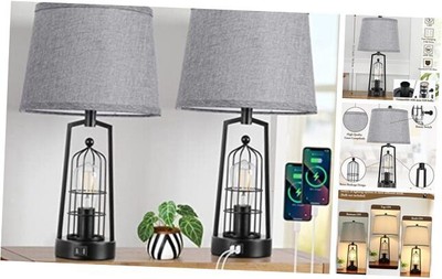 Farmhouse Table Lamps with 2 USB Ports, Set of 2 Rustic Industrial Desk Gray