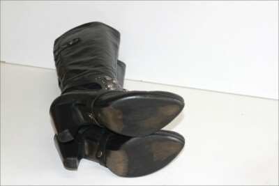 Bottes Bocage Pointues En Cuir Noir - Taille 41, Motifs Dorés, Très Bon état