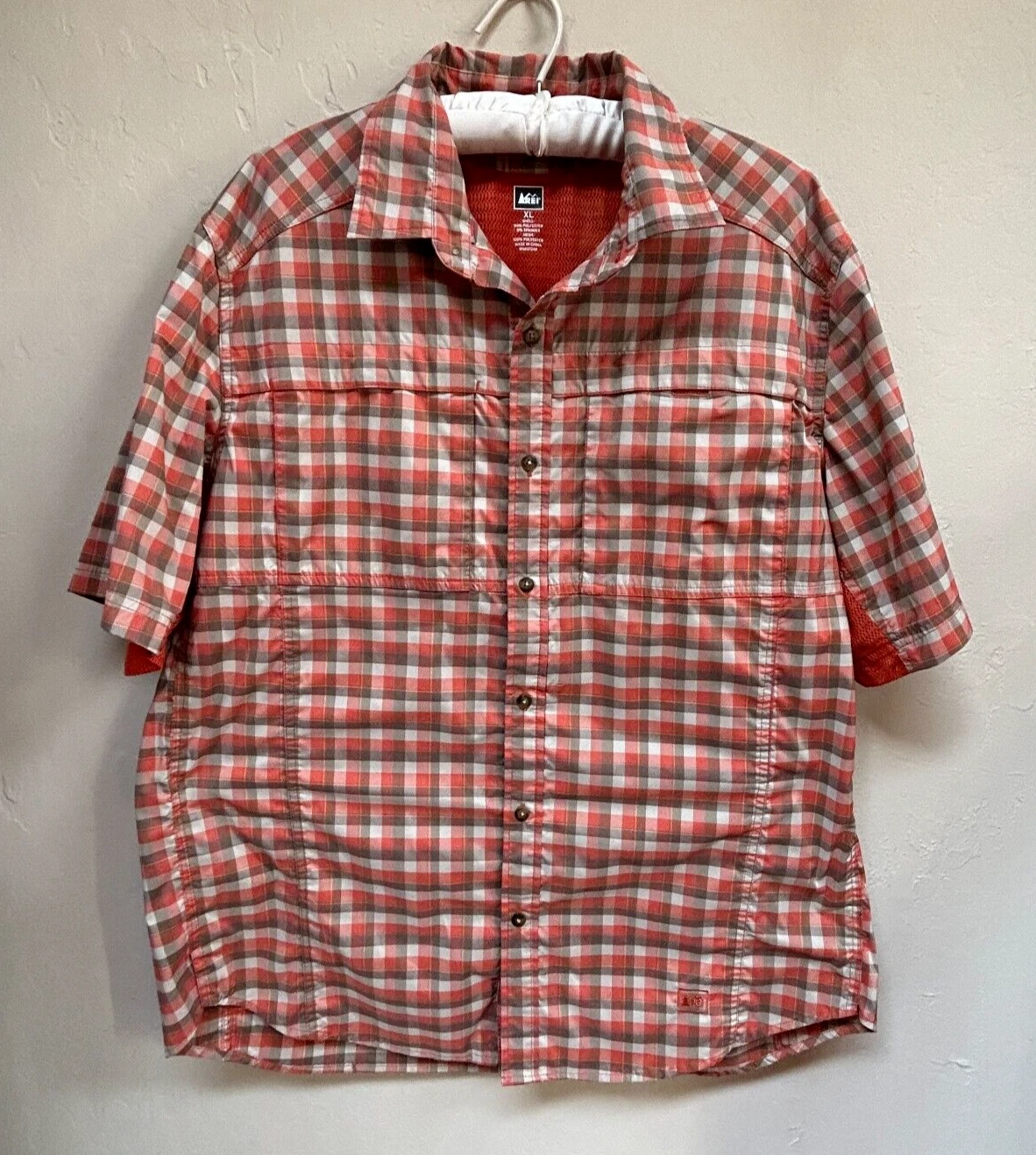 REI Shirt Mens XL Orange Gray Plaid Button Up Short Sleeve Vented Outdoor Hiking