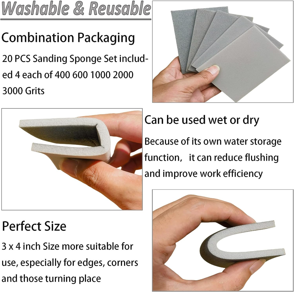 SACKORANGE 20 PCS 3 X 4 Inch 1000 Grit Sanding Sponge, Fine Sanding Sponges Pads, Soft Foam Hand Sander Block Wet Dry Sandpaper For Model Drywall