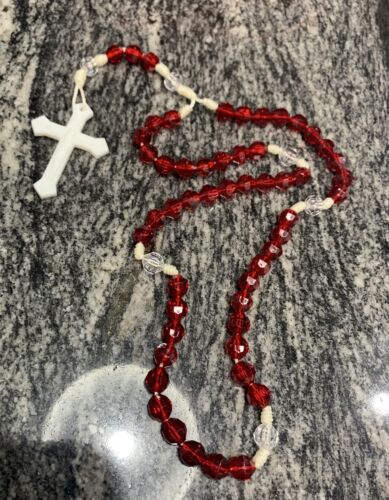 Sparkling Red Clear 16” Beaded Rosary 2” White Cross Religious Jewelry New! Gift - Picture 1 of 10