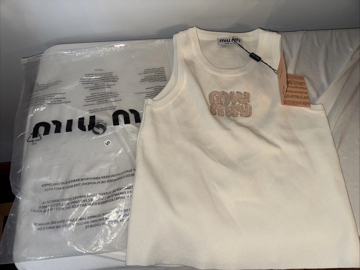 Miu Miu White Knit Cotton Beaded Logo Cropped Sleeveless Tank Top