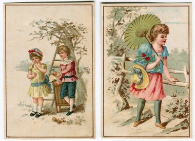 Glanzbilder Oblaten scraps Lithos  Mädchen Junge Baum Schirm  10,3 cm