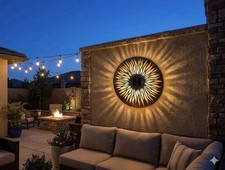 Large Solar Sun Garden Ornament Warm LED Backlit Metal Wall Art Hanging Ornament