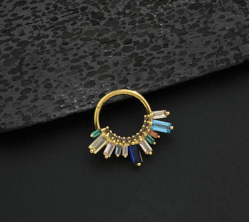 Multi-Gemstone 18K Oro Amarillo Sobre Argolla Nariz Hélice Tragus Daith Piercing