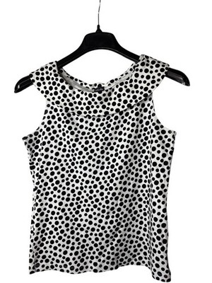 Rafaella Sleeveless Blouse Top Size M Fold Over Collar Polka Dots White Black