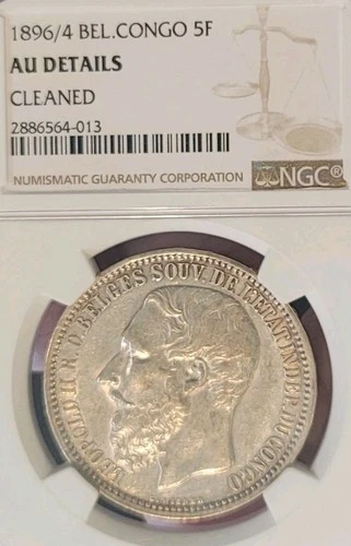 Belgian Congo 1896/4 5Fr  Overstrike, Rare Low Mintage High Grade NGC AU